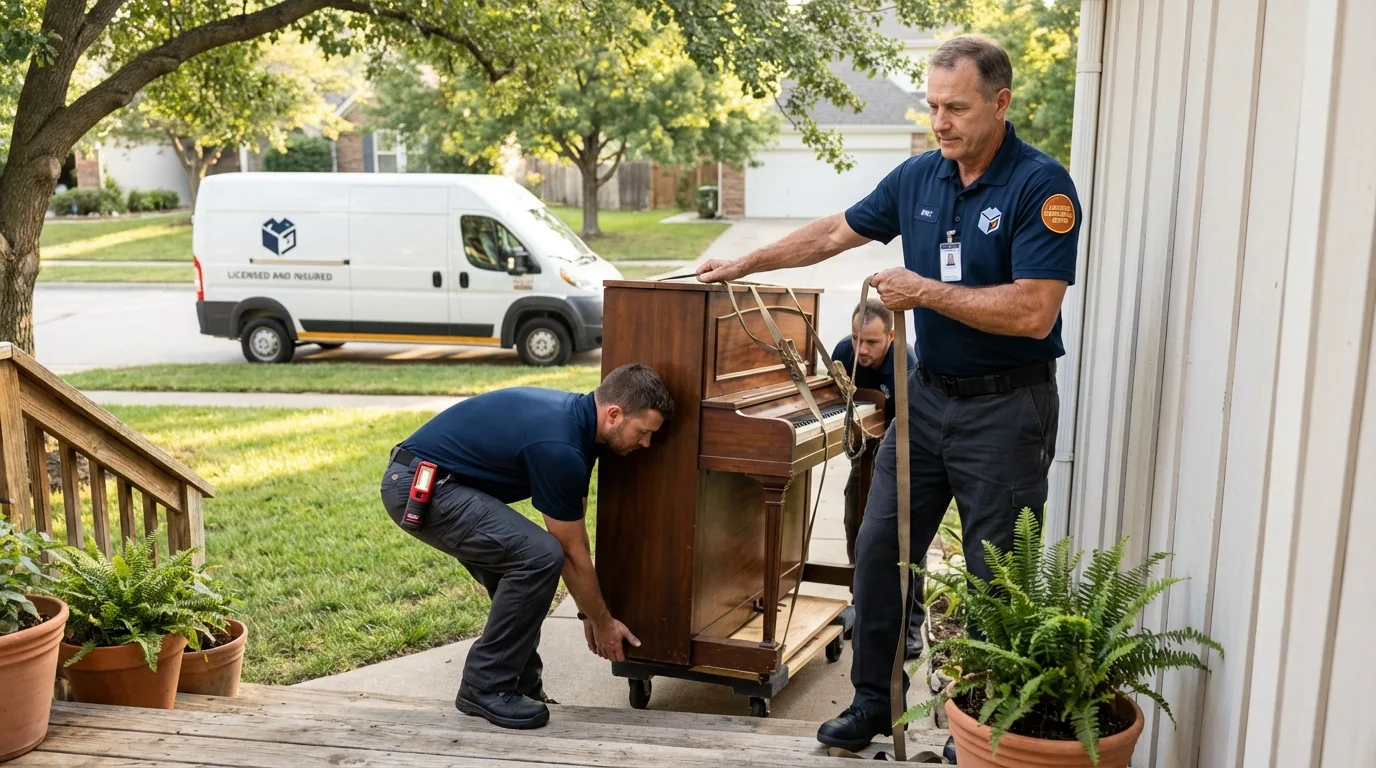 Licensed piano movers securing grand piano in Menahga, MN