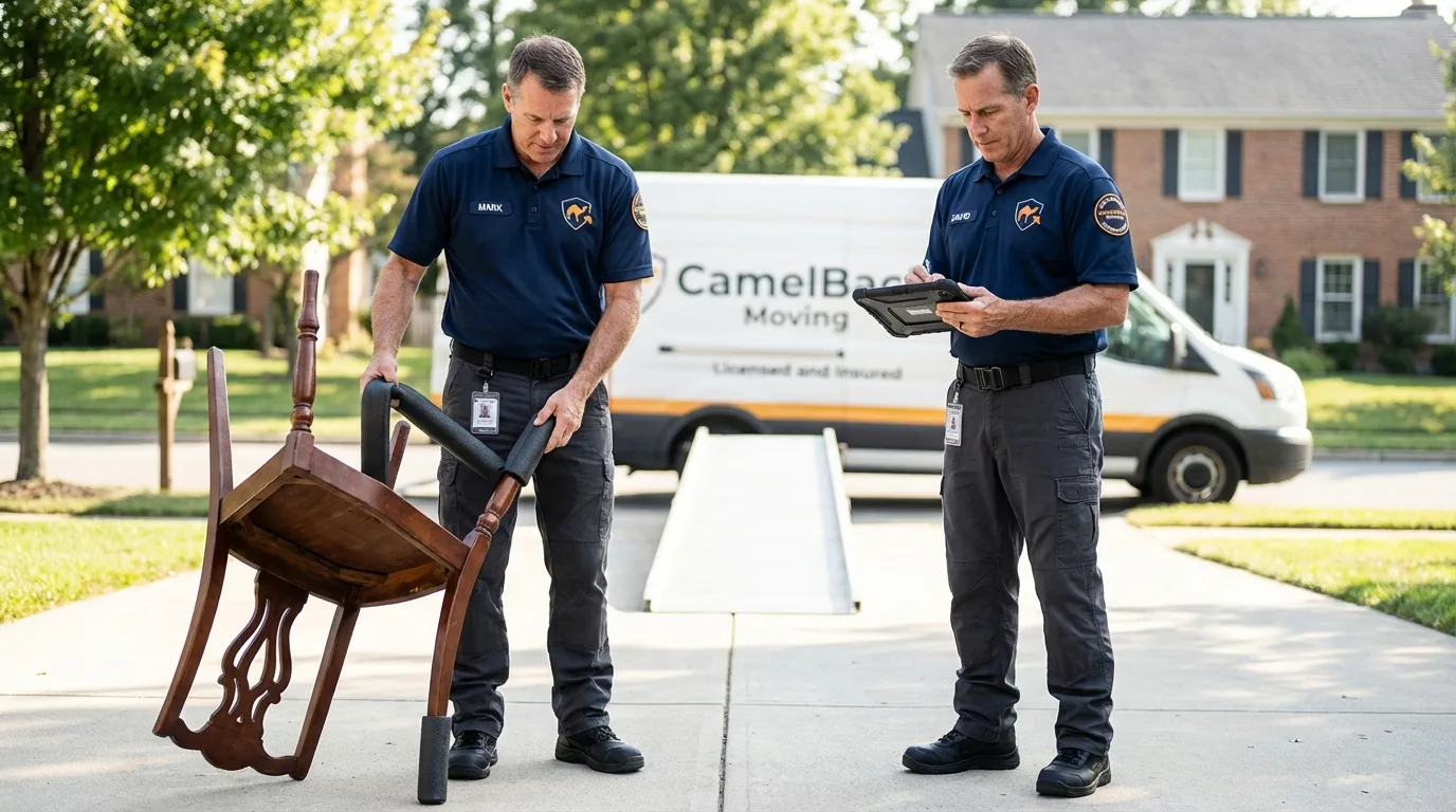 Movers inspecting furniture for damage prevention before loading in Menahga, MN